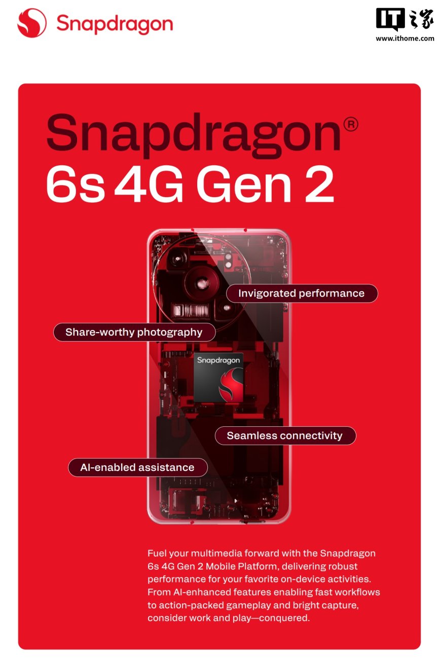高通发布骁龙 6s 4G Gen 2 芯片：CPU 性能提升 51%、GPU 提升 20%，AI 算力下放