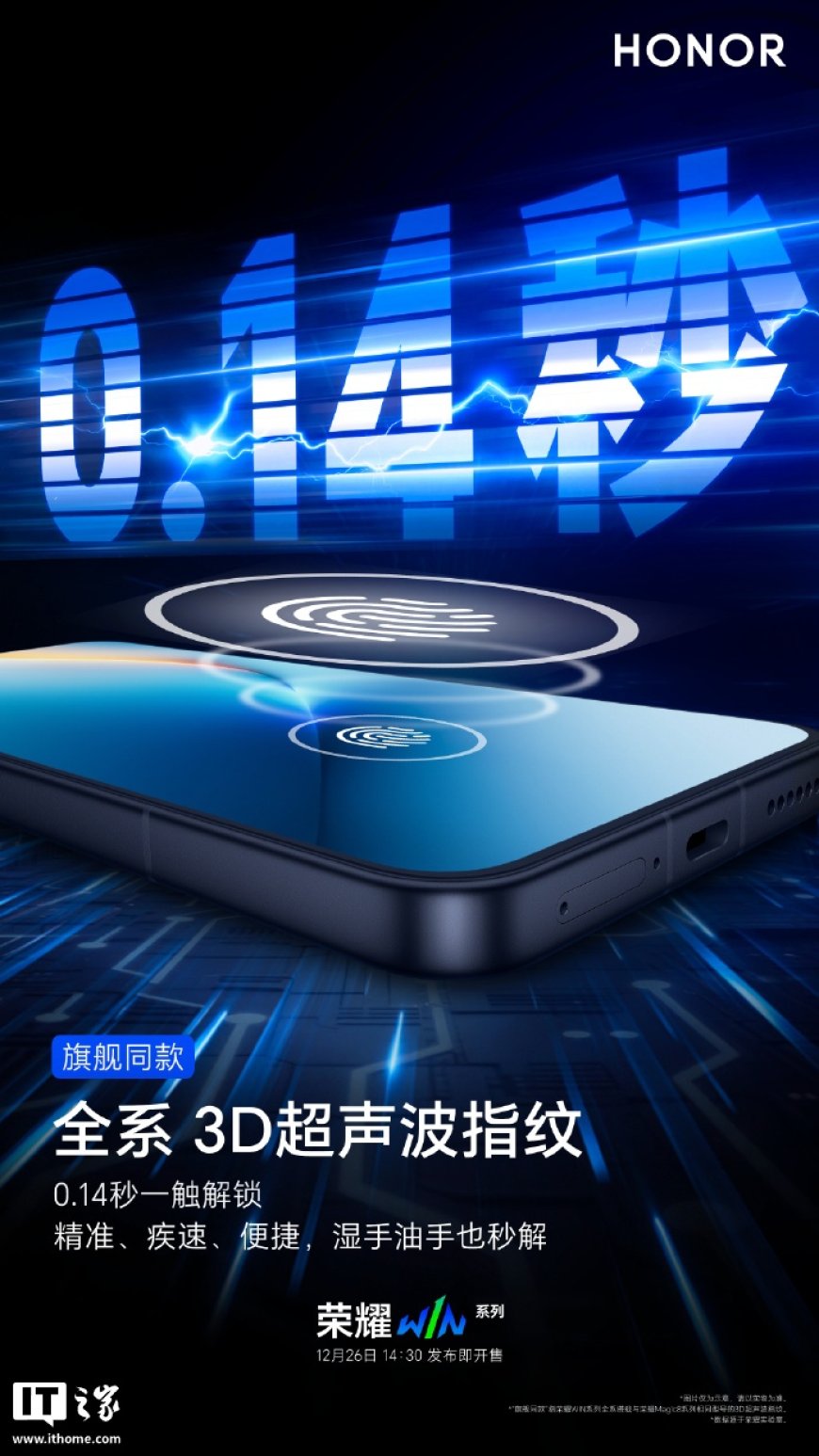 荣耀 WIN 系列全系标配 3D 超声波指纹，号称“0.14 秒一触解锁”