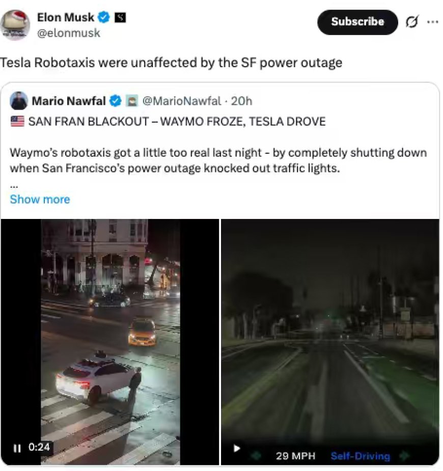 美国旧金山停电致 Waymo 自动驾驶出租车集体趴窝，马斯克称特斯拉不受影响