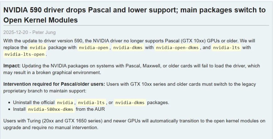 Arch Linux 系统停止支持英伟达 GTX 10 系列显卡，用户需手动安装旧版驱动