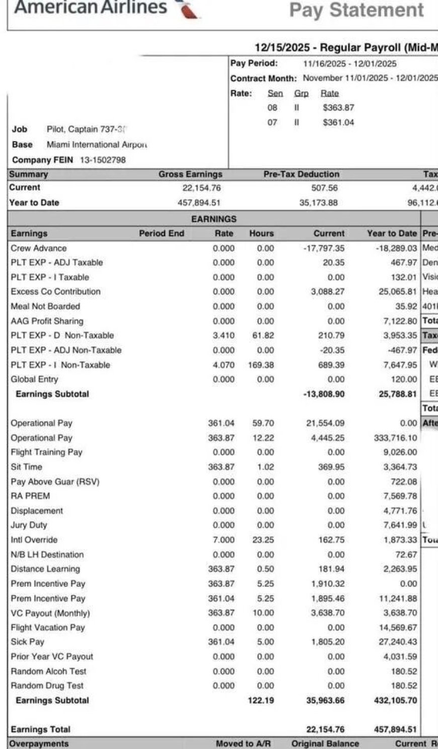 时薪361美元 一年约赚321万人民币 美飞行员晒工资单引羡慕