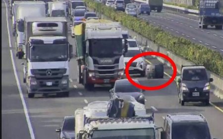 險釀追撞！國1員林段驚見黑色巨桶擋路　聯結車閃不過撞上