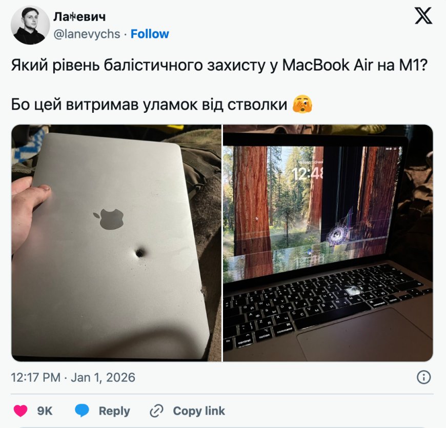乌克兰前线士兵曝照：遭炮弹弹片击穿的 MacBook Air 仍能开机工作