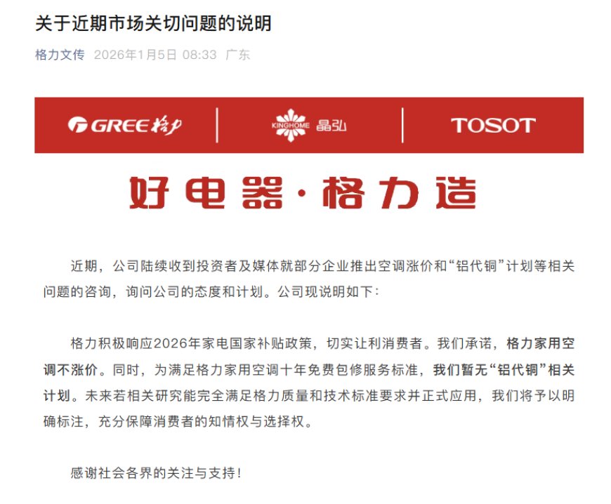 格力承诺：家用空调不涨价 暂无“铝代铜”相关计划