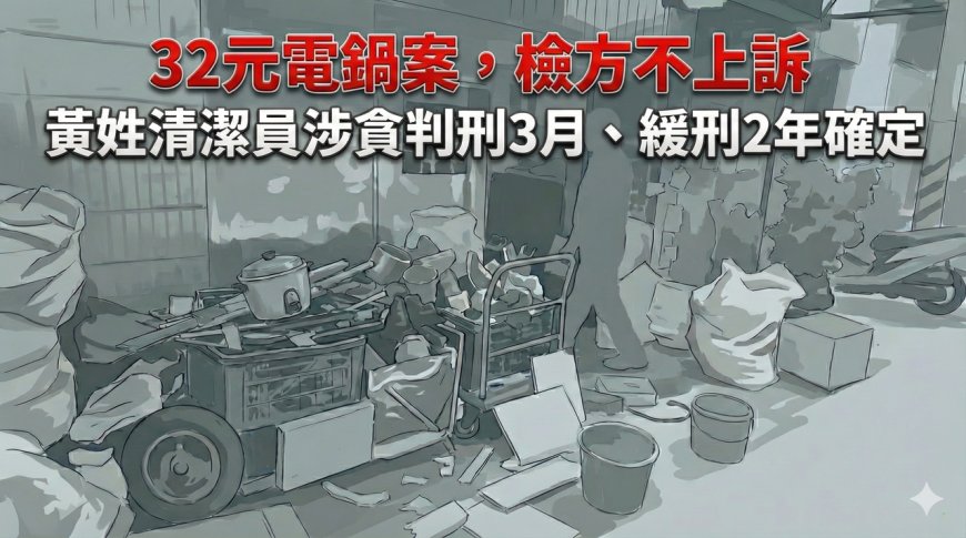 快訊／回收32元電鍋送拾荒婦　檢方、清潔員不上訴...一審判刑確定