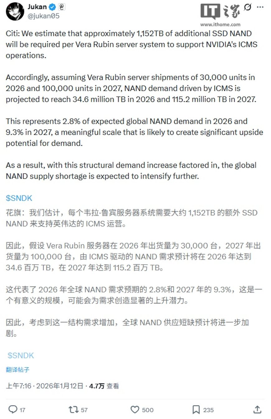 NAND 涨价警告：花旗预测英伟达 Vera Rubin AI 系统将推动 PB 级 SSD 需求