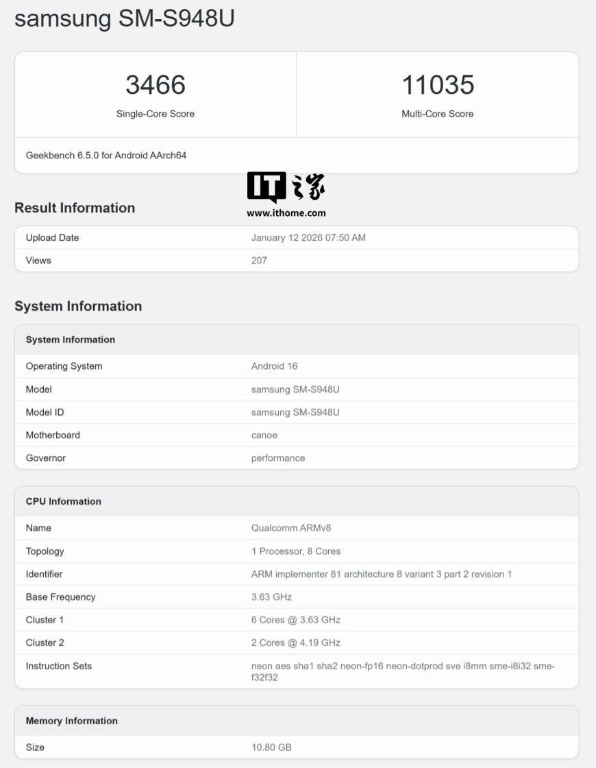 三星 Galaxy S26 Ultra 手机跑分首曝：高通第五代骁龙 8 至尊版芯片 +12GB 内存