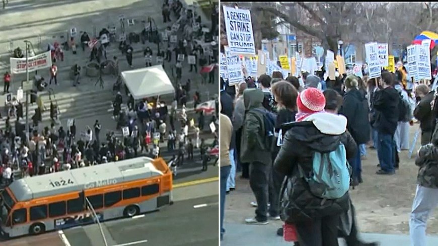 Nationwide walkout draws thousands into streets on anniversary of Trump’s inauguration