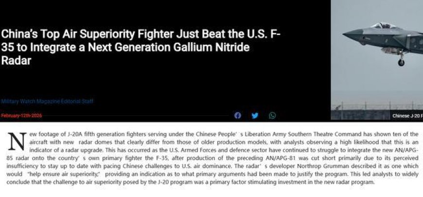 美媒哀叹：中国歼-20A氮化镓雷达再次升级，F-35已完全不是对手