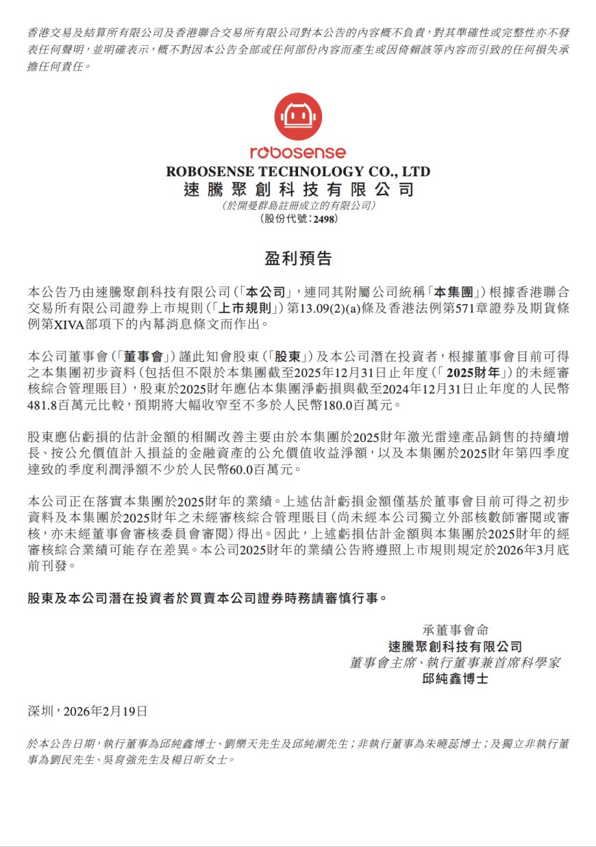 激光雷达厂商速腾聚创预告首次单季度盈利：预计不少于 6000 万元