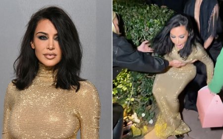 Kim Kardashian’s gold Gucci gown moment turns chaotic after stumble into bush
