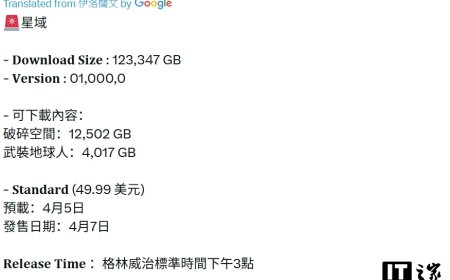 曝 PS5 版《星空》游戏 4 月 5 日开启预载，体积 123.347GB