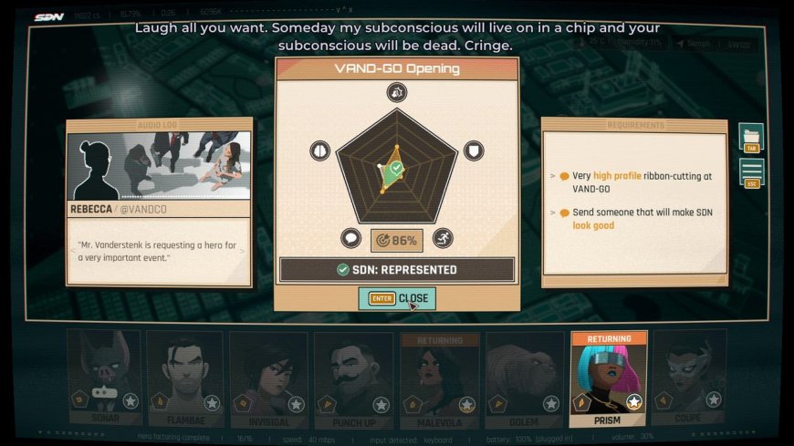 Just like XCOM, superhero comedy Dispatch cheats random percentages of success in the player's favor: 'anything that had over a 76% success chance would automatically succeed'