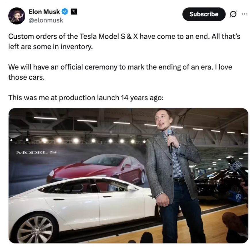 马斯克发文确认停产特斯拉Model S/X