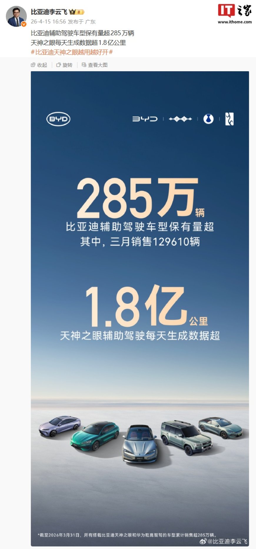 比亚迪辅助驾驶车型保有量超 285 万辆，天神之眼每天生成数据超 1.8 亿公里